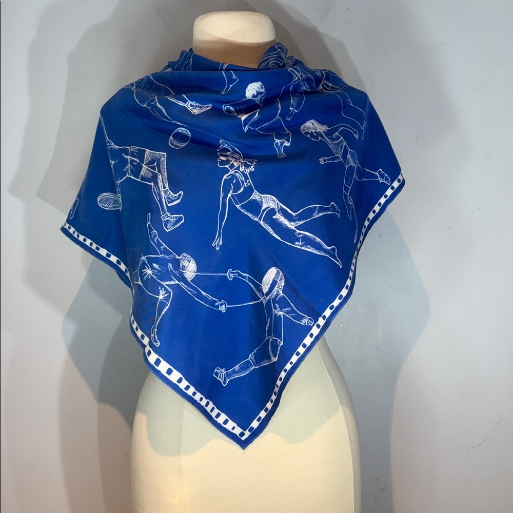 Amicalement Soi Paris Silk Scarf Blue Sport Print 90x90cm Square French Made